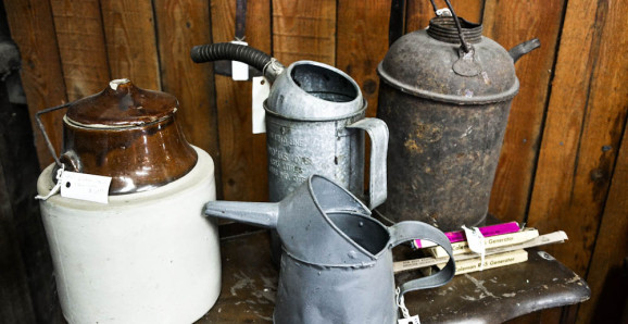 Junk Shopping at The Back Porch Harrison Hot Springs, BC - old oil cans