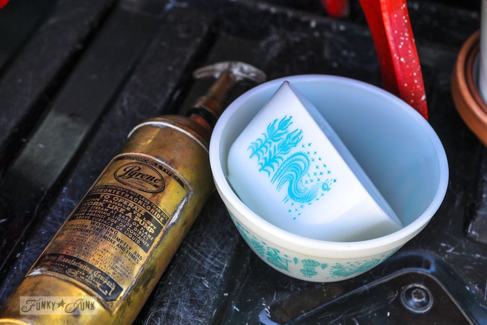 Brass fire extinguisher, vintage corning ware - When a junker's junker brother has a garage sale, via Funky Junk Interiors