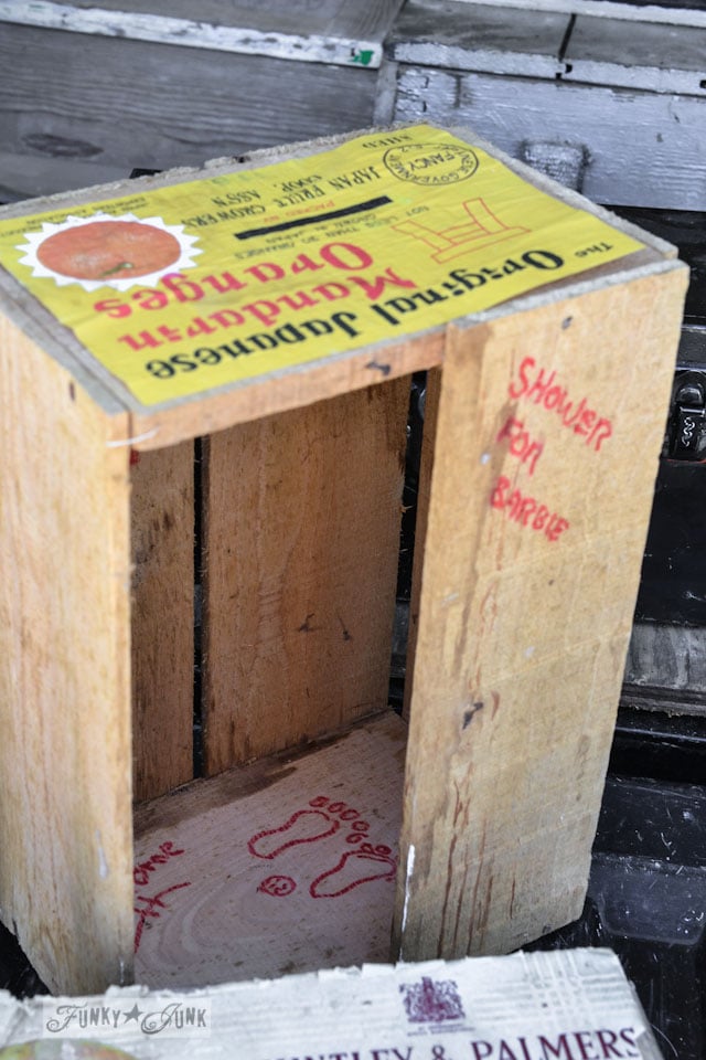 Orange crate barbie shower - When a junker's junker brother has a garage sale, via Funky Junk Interiors