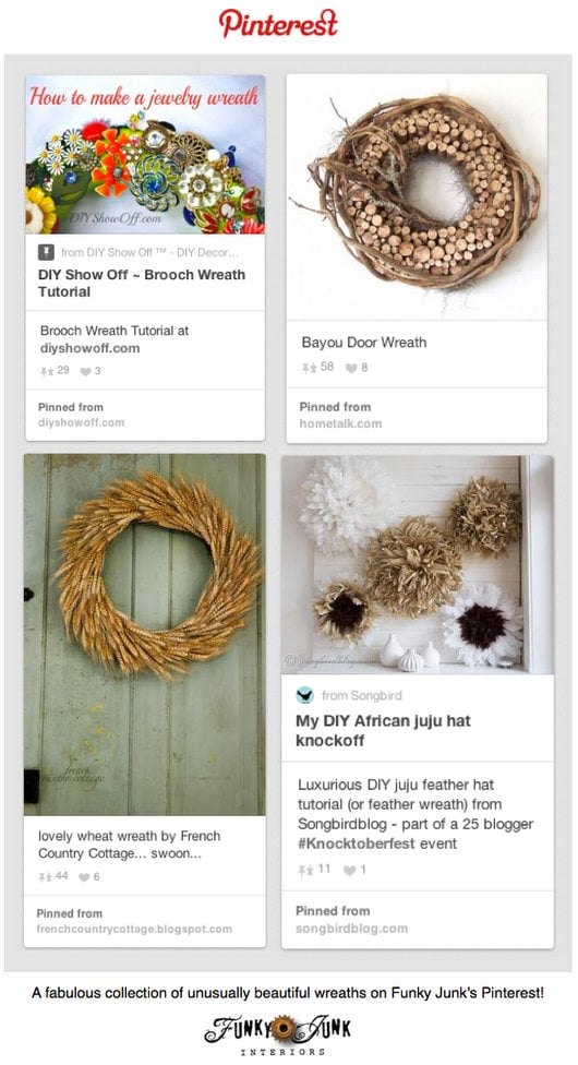 Wreaths - a fabulous collection of unusually beautiful wreaths on Pinterest curated by https://www.funkyjunkinteriors.net/ 