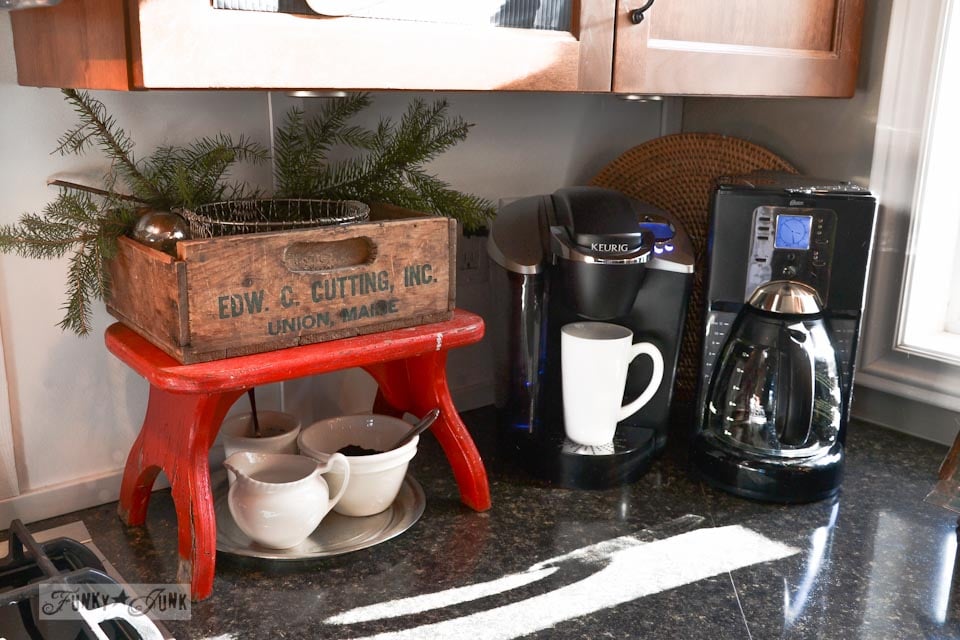 Red bench coffee station / A well lit junky Christmas kitchen / salvaged finds used to deck out this kitchen for Christmas via https://www.funkyjunkinteriors.net/ Red bench coffee station / A well lit junky Christmas kitchen / salvaged finds used to deck out this kitchen for Christmas via https://www.funkyjunkinteriors.net/