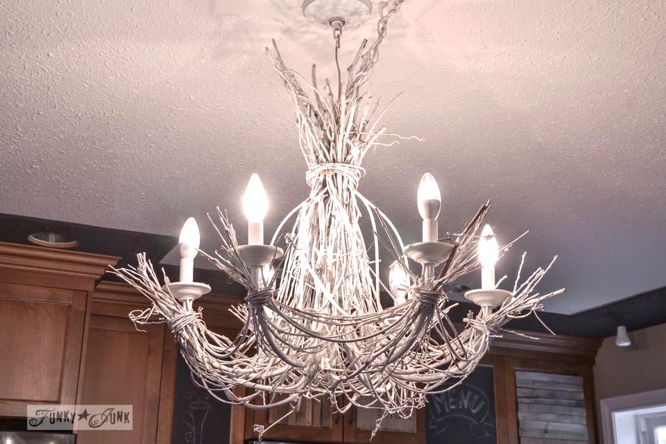 White twig chandelier /A junky Christmas kitchen / salvaged finds used to deck out this kitchen for Christmas via https://www.funkyjunkinteriors.net/ White twig chandelier /A junky Christmas kitchen / salvaged finds used to deck out this kitchen for Christmas via https://www.funkyjunkinteriors.net/