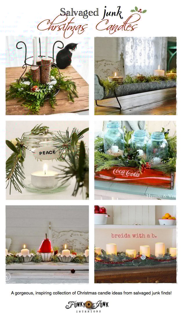 Unique Salvaged Junk Christmas Candles - features and a themed link party, via https://www.funkyjunkinteriors.net/