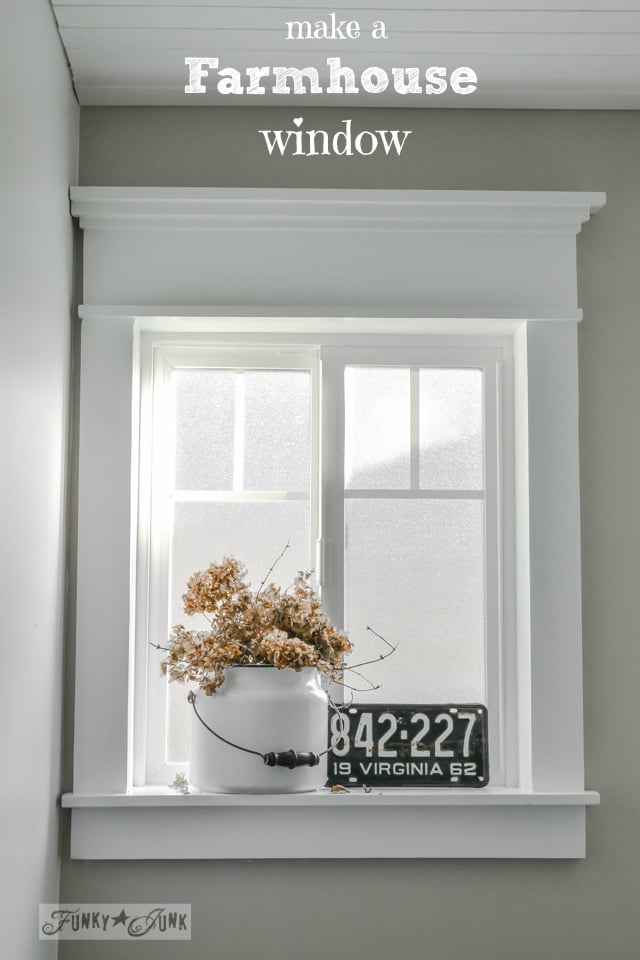 Make easy farmhouse window trim with stock lumber! Funky Junk Interiors