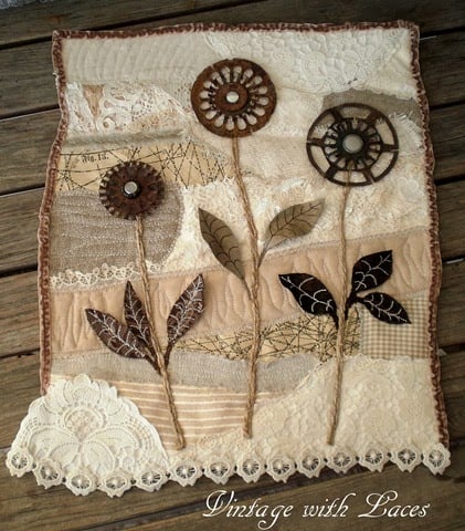 Rust and lace flowers by Vintage with Laces featured on FunkyJunkInteriors.net