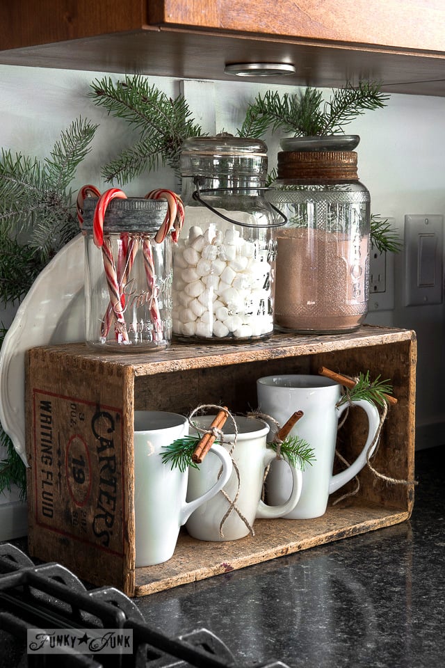 hot cocoa station in a crate - Funky Junk Interiors