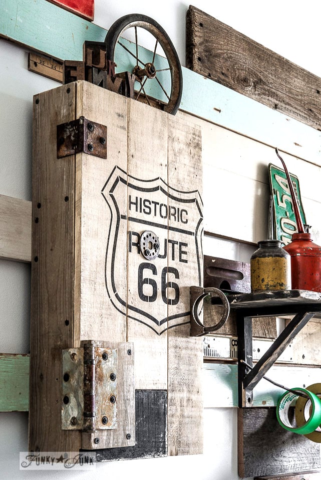 Historic Route 66 stencil with pallet wood storage