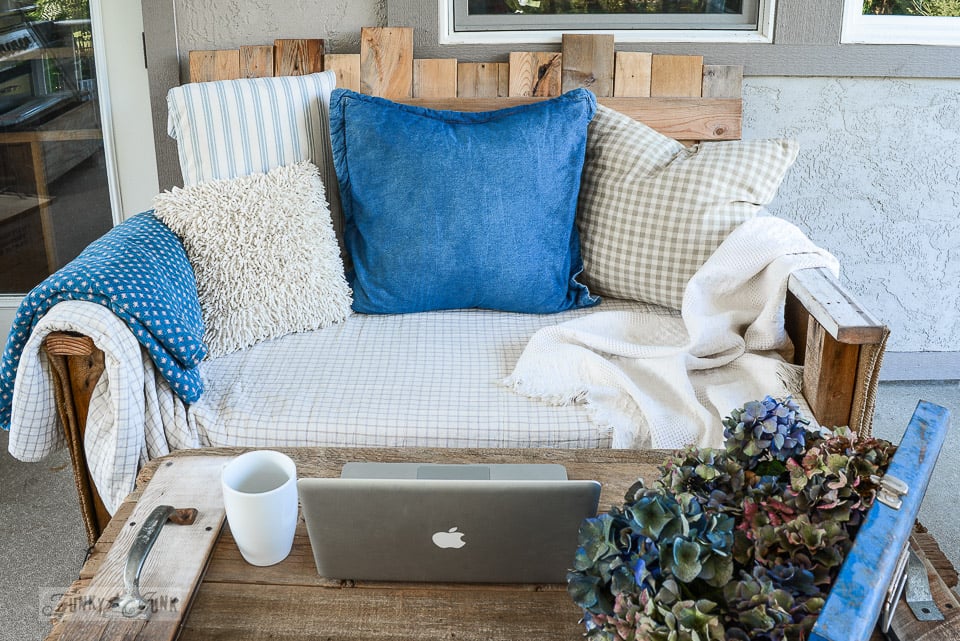 A pretty pallet wood sofa patio escapeFunky Junk Interiors