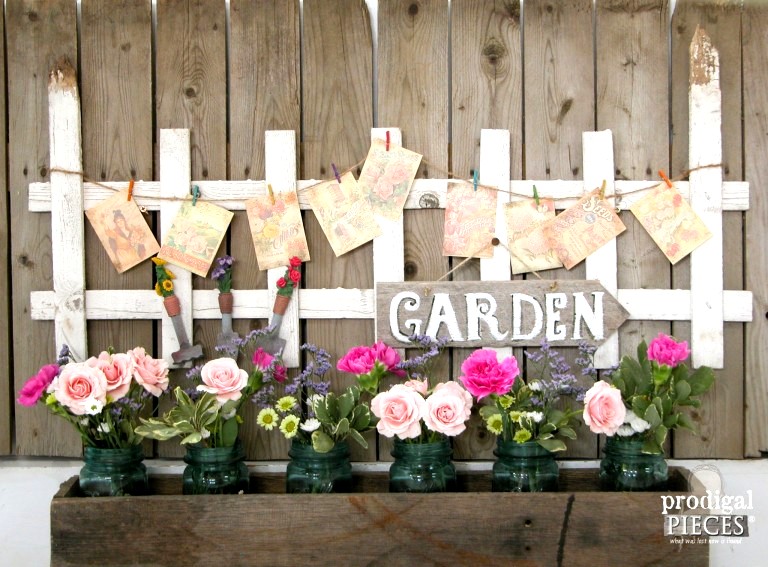 Garden picket fresh flowers vignette, by Prodigal Pieces, featured on Funky Junk Interiors