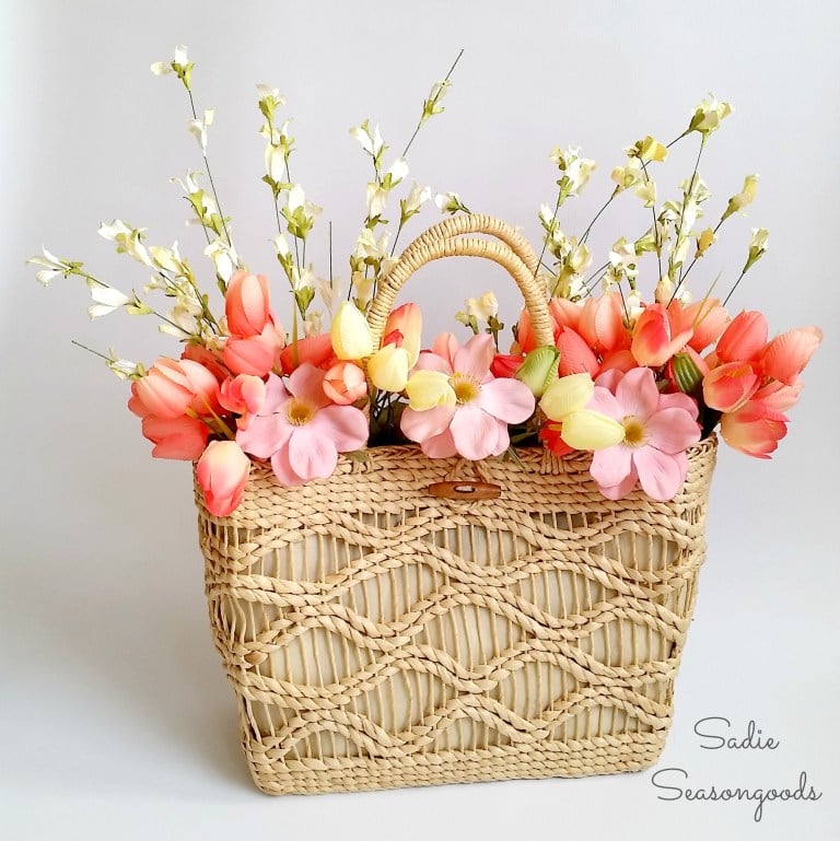 Straw tote door decor wreath, by Sadie Seasongoods, featured on Funky Junk Interiors