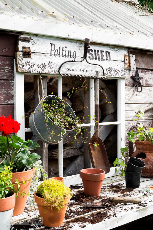 Rustic shed reveal with potting shed garden sign and