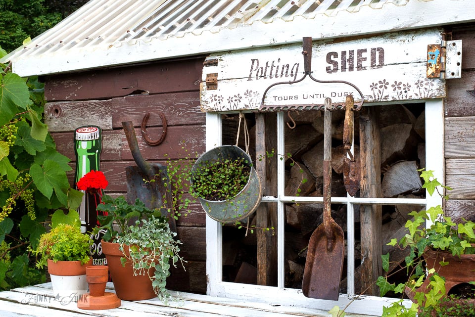 Rustic shed reveal with potting shed garden sign and