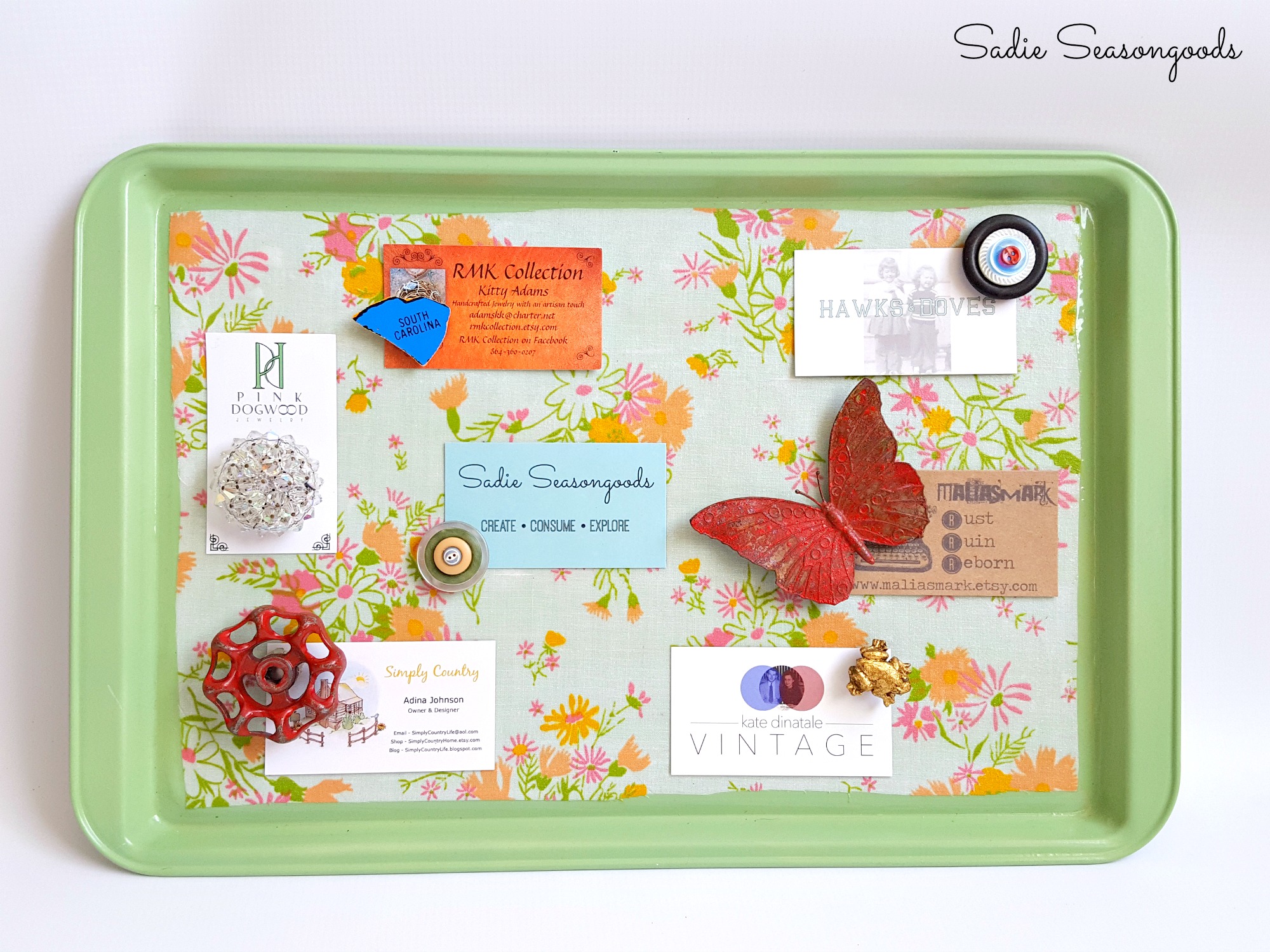 Cookie sheet magnetic board, by Sadie Seasongoods, featured on Funky Junk Interiors