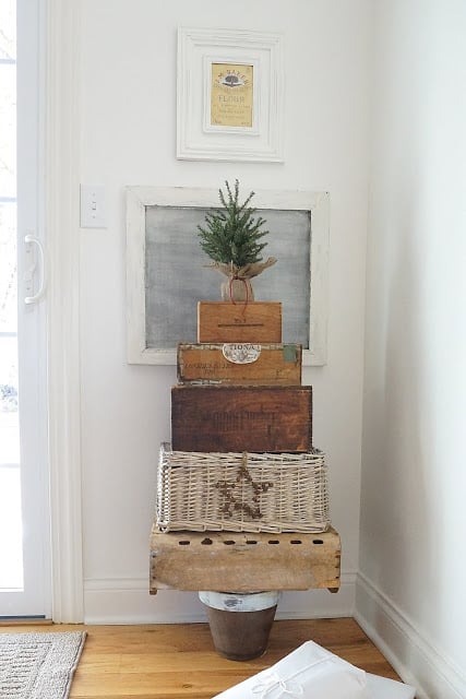 Stacked crates and baskets Christmas tree, by A Pocketful of Blue, featured on Funky Junk Interiors