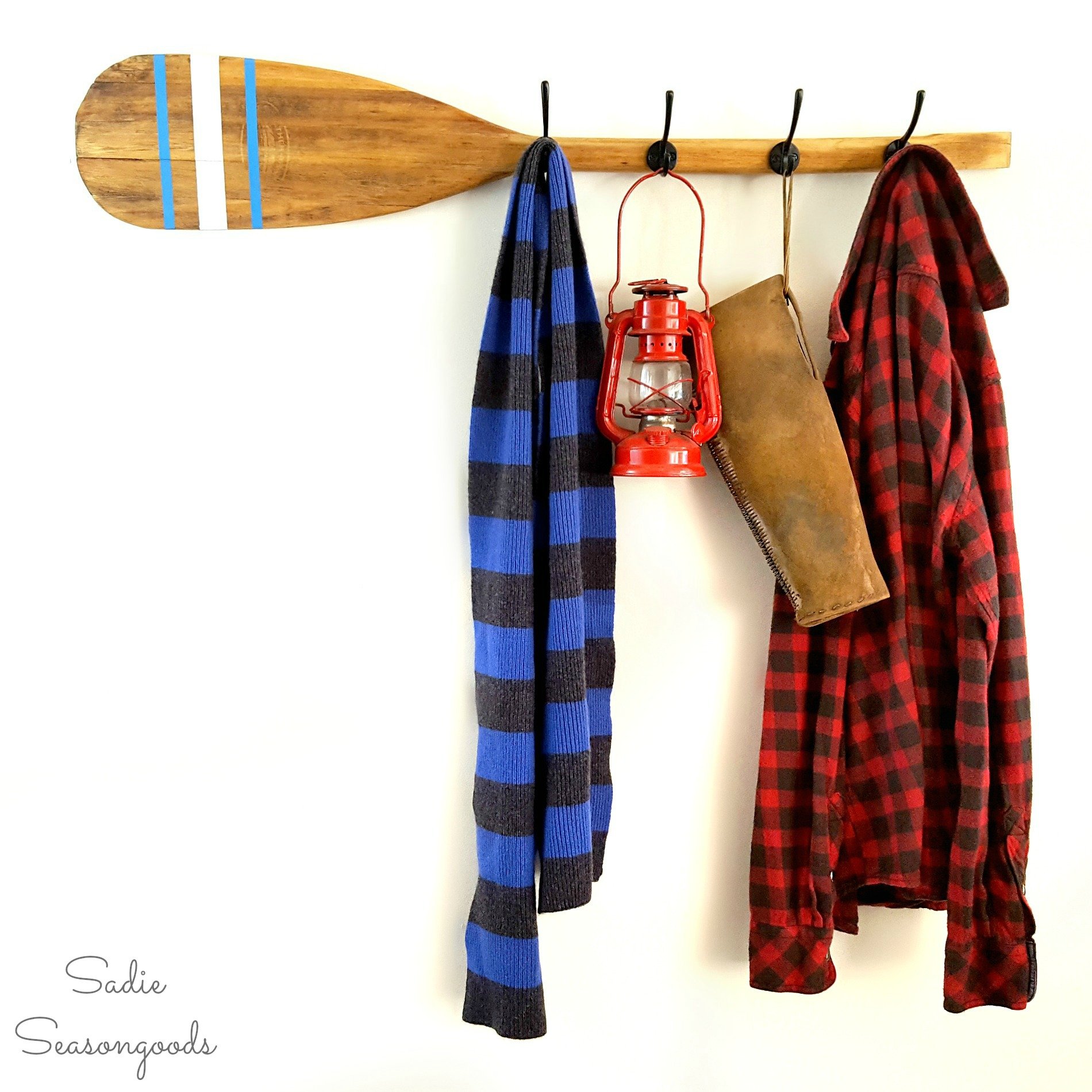 Vintage canoe paddle coatrack, by Sadie Seasongoods, featured on Funky Junk Interiors