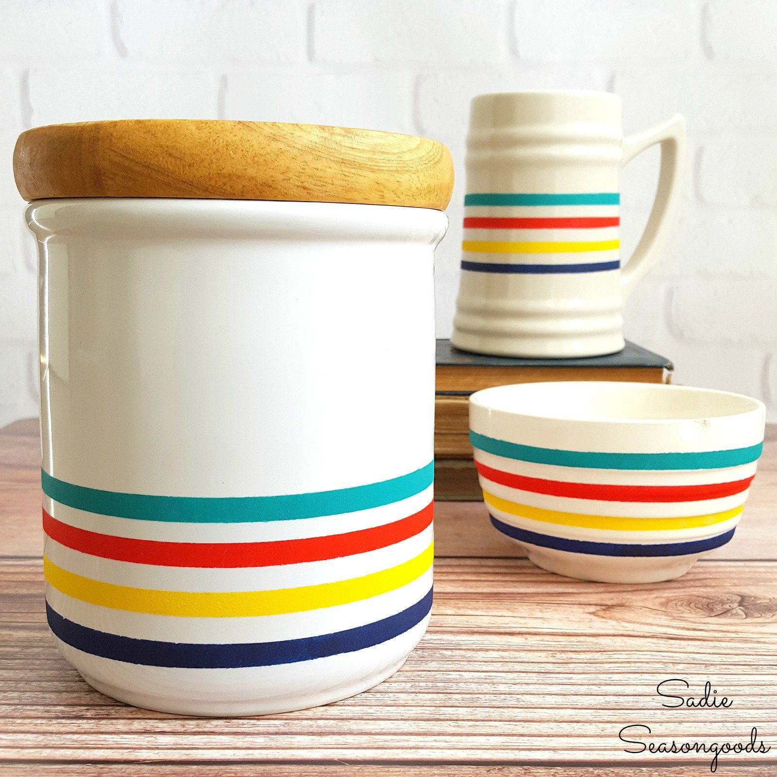 Painted Hudson's Bay striped canister and dishes, by Sadie Seasongoods, featured on Funky Junk Interiors