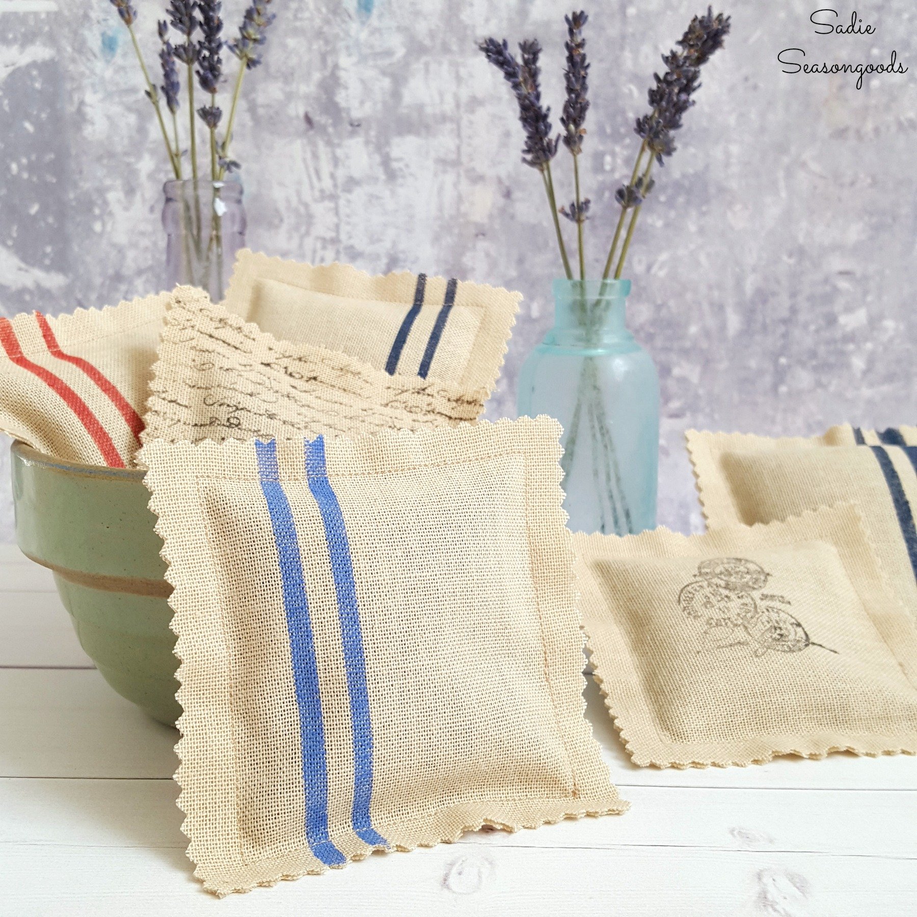 Faux grain sack sachets from curtains, by Sadie Seasongoods, featured on Funky Junk Interiors