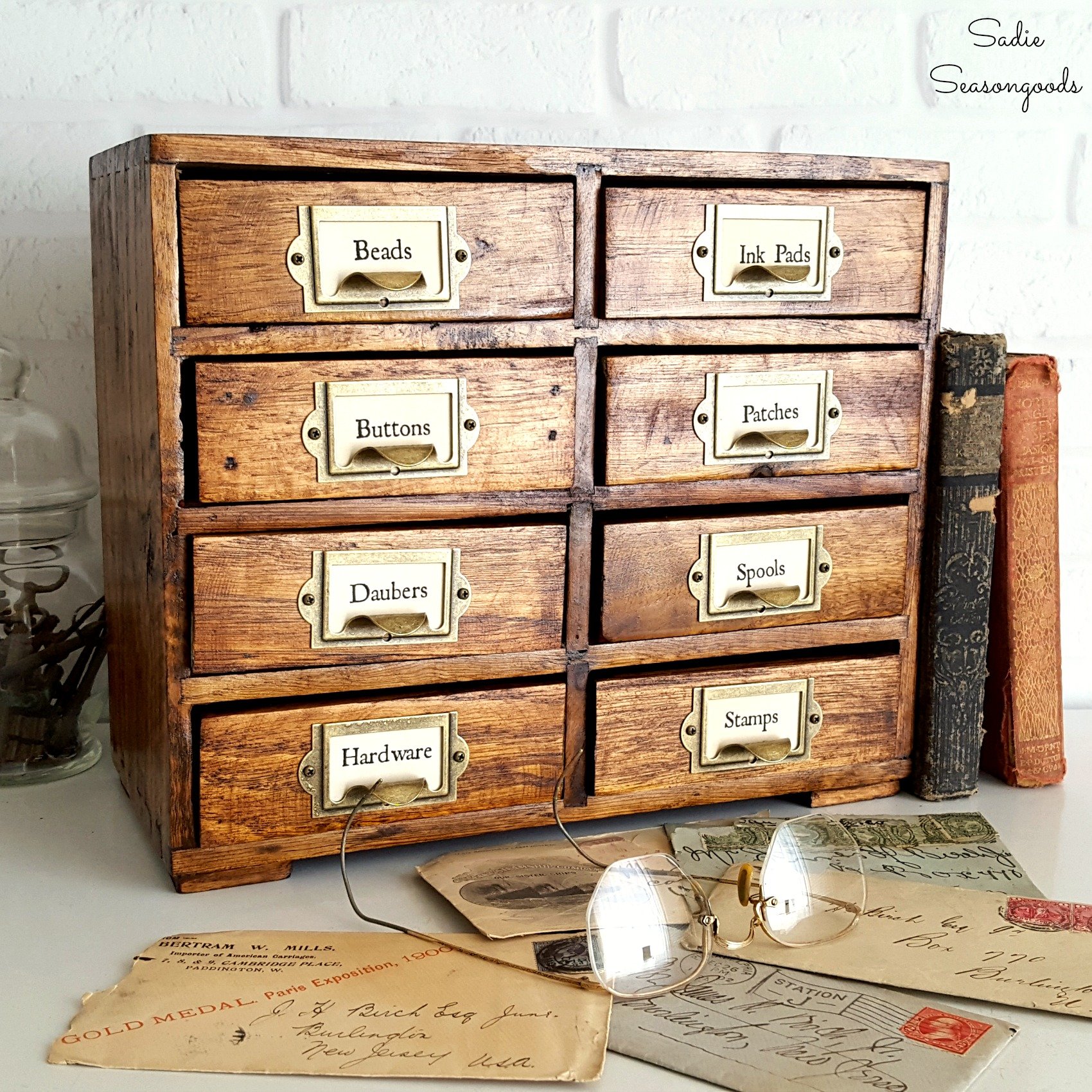 Card catalog cubby makeover by Sadie Seasongoods, featured on Funky Junk Interiors