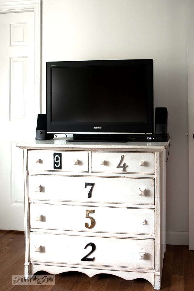 Subway sign styled TV stand dresser with reclaimed wood shelf