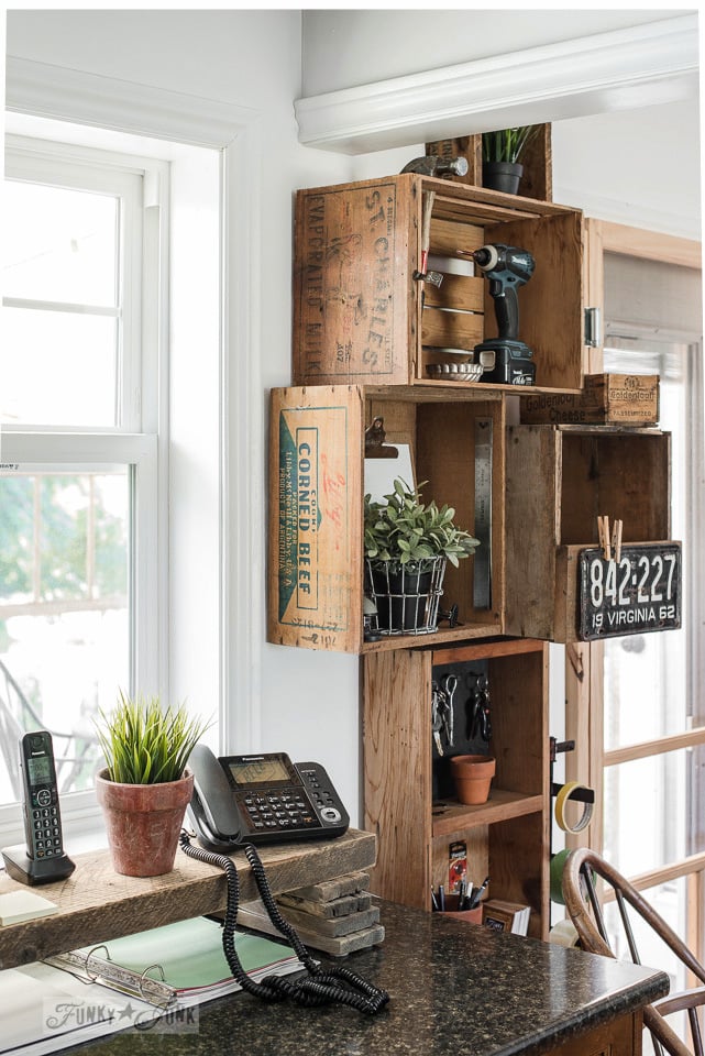 White-white walls with revamped kitchen crate shelves