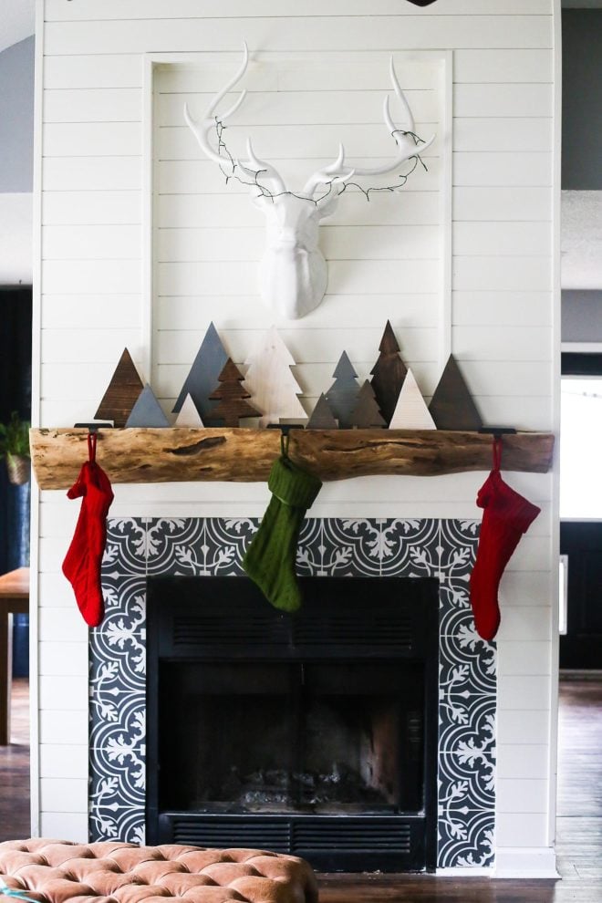 Reclaimed wood Christmas trees on a mantel by Love and Renovations, featured on Funky Junk Interiors