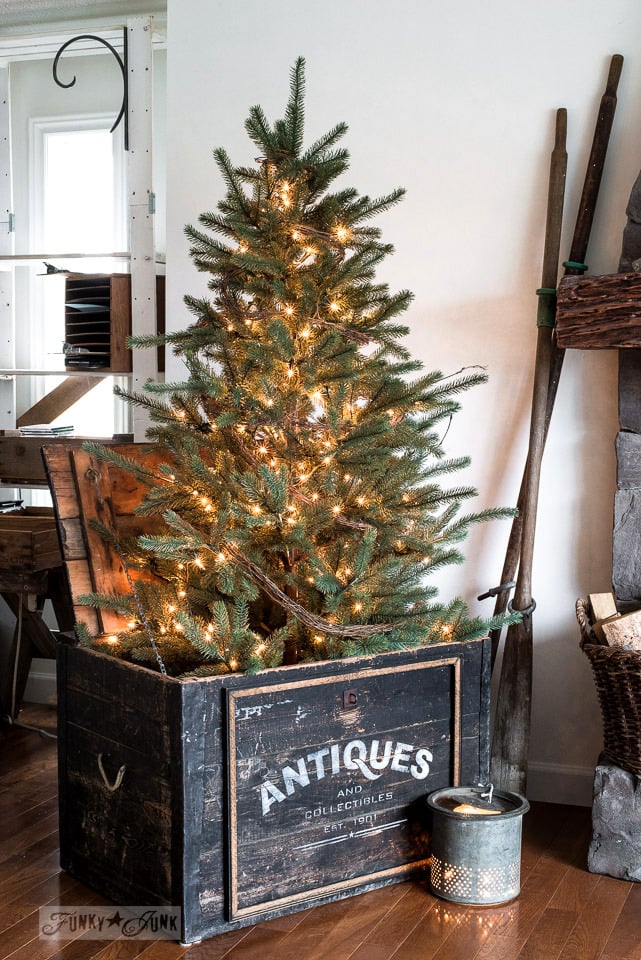 Winter tree in an antiques crate. Part of Rustic winter decorating with black, white and wood. Full tour on funkyjunkinteriors.net