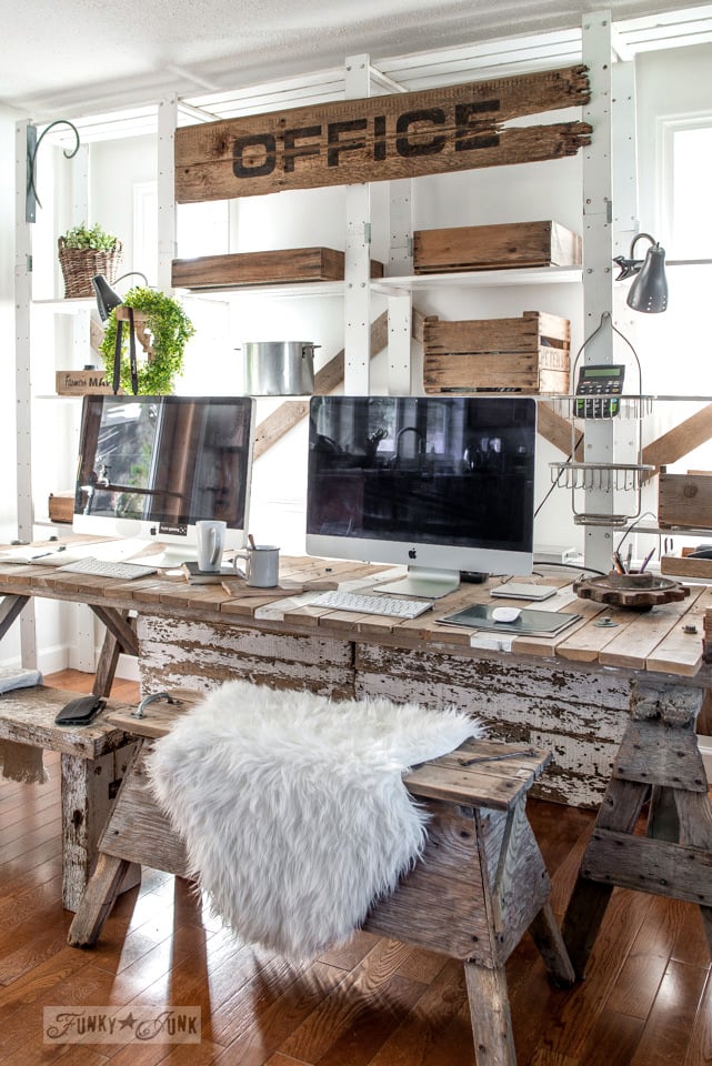 Pallet Wood Office Desk With Large Sign And Rustic Benches