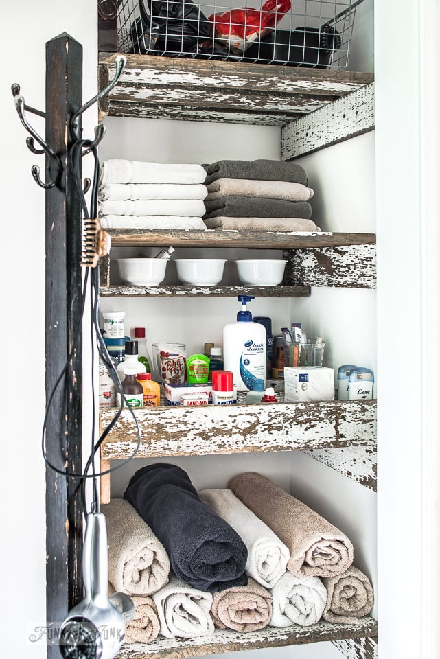 How to build unique reclaimed wood closet shelves in a bathroom