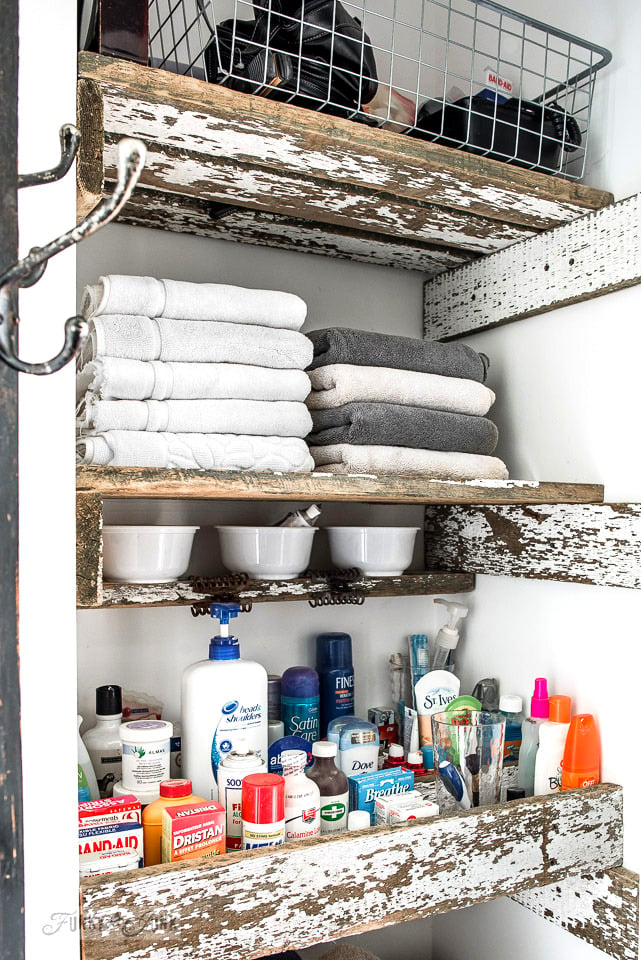 How To Build Unique Reclaimed Wood Closet Shelves In A Bathroom