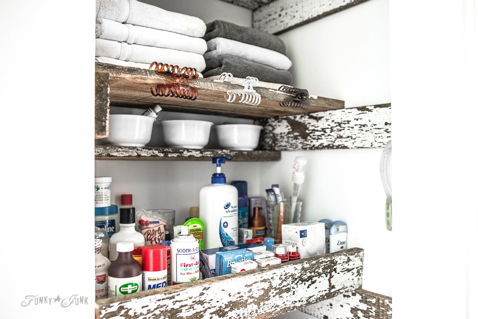 How to build unique reclaimed wood closet shelves in a bathroom