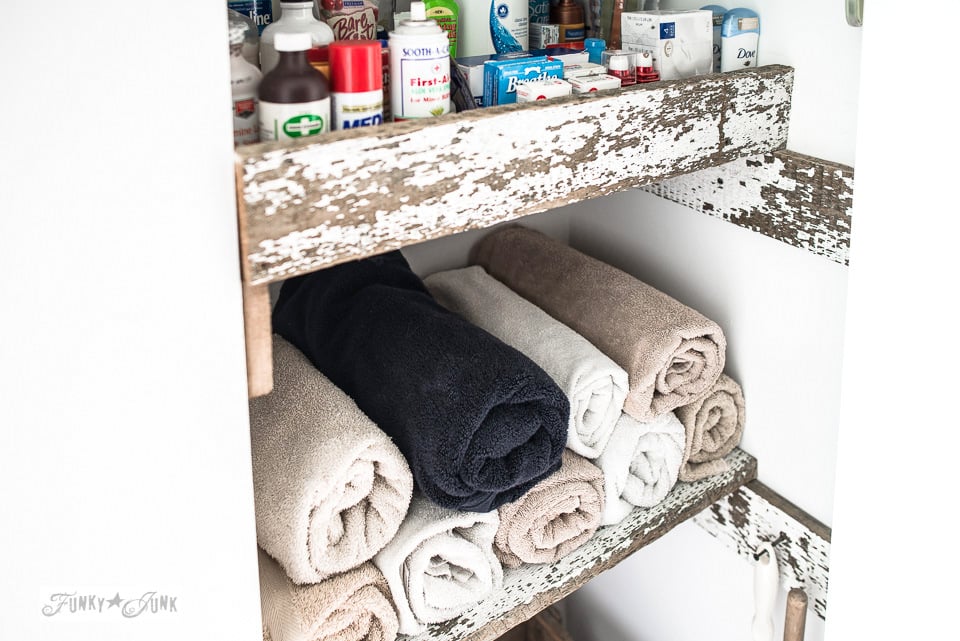 How to build unique reclaimed wood closet shelves in a bathroom