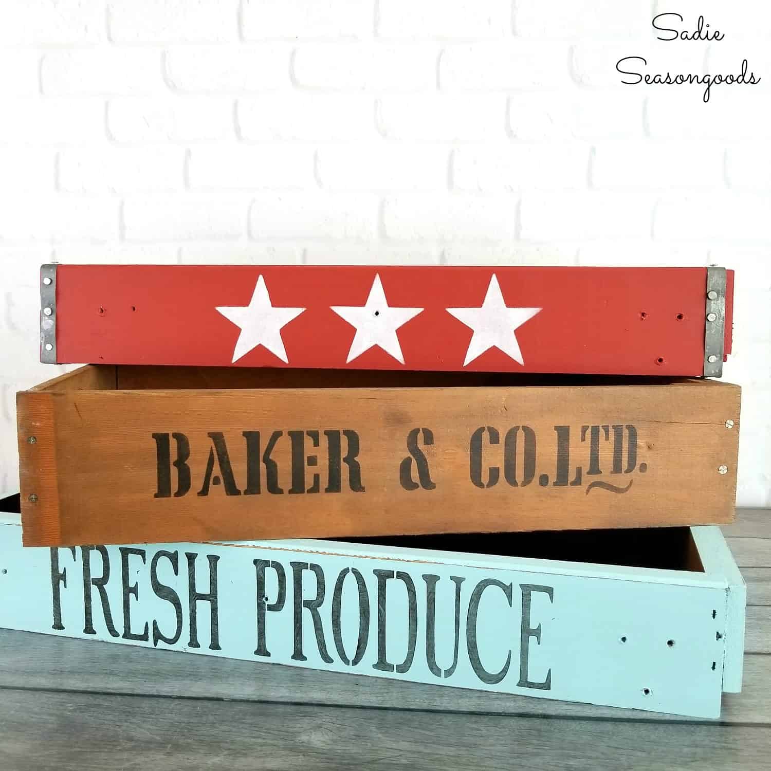 Upcycled drawers into vintage crates by Sadie Seasongoods, featured on Funky Junk Interiors