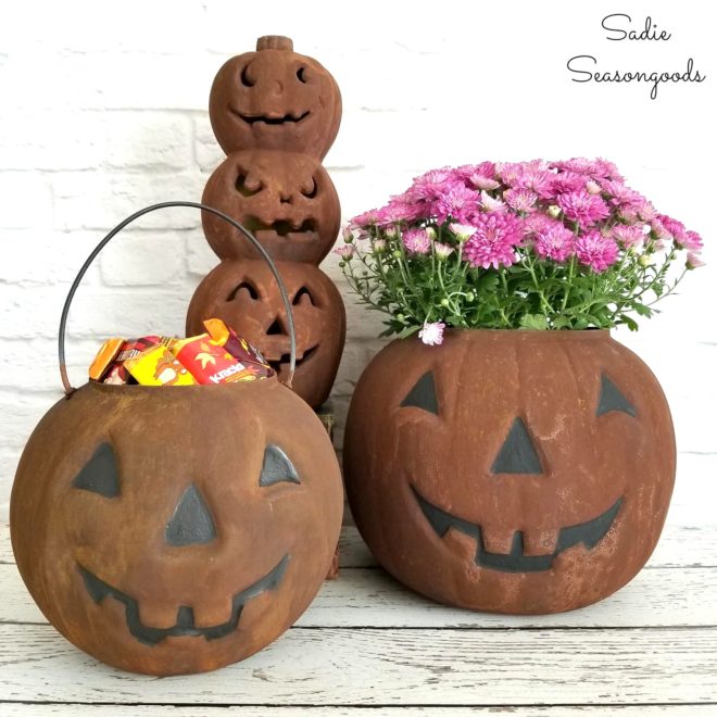 DIY faux rusty fall Halloween pumpkins by Sadie Seasongoods, featured on Funky Junk Interiors DIY faux rusty fall Halloween pumpkins by Sadie Seasongoods, featured on Funky Junk Interiors