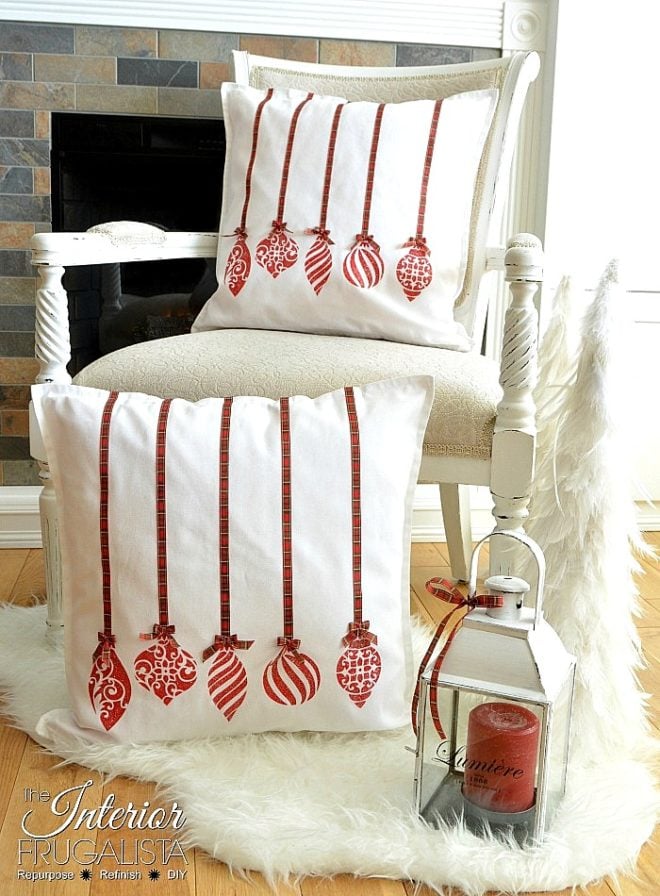 Holiday Ornament Pillow Covers by Interior Frugalista, featured on Funky Junk Interiors Holiday Ornament Pillow Covers by Interior Frugalista, featured on Funky Junk Interiors