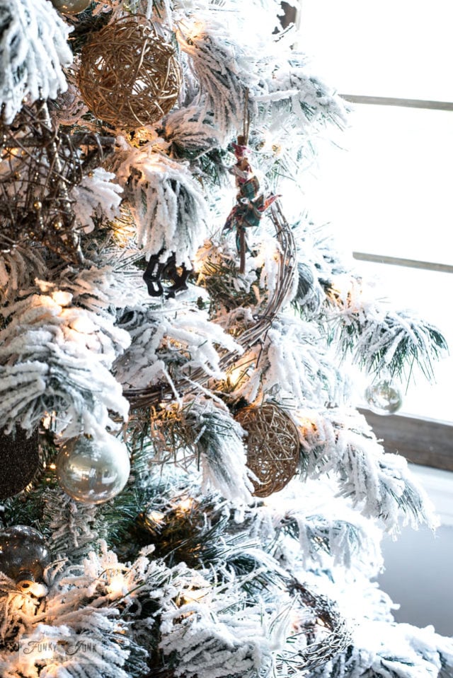 Flocked Christmas tree with a wood crate tree skirt Funky Junk InteriorsFunky Junk Interiors