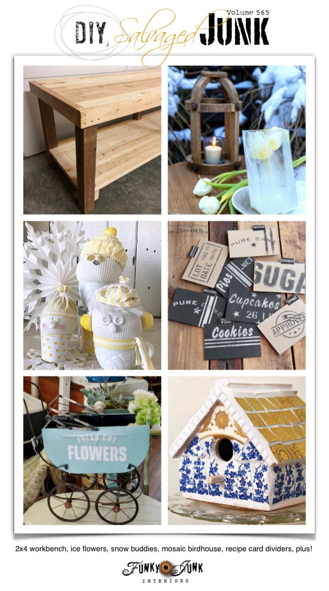 Visit 20+ NEW DIY Salvaged Junk Projects 565 - 2x4 workbench, ice flowers, snow buddies, mosaic birdhouse, recipe card dividers, plus! Up-cycled projects with tutorials on Funky Junk! Visit 20+ NEW DIY Salvaged Junk Projects 565 - 2x4 workbench, ice flowers, snow buddies, mosaic birdhouse, recipe card dividers, plus! Up-cycled projects with tutorials on Funky Junk!