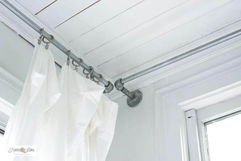 Make no sew, easy sheet curtains on pipe curtain rods!Funky Junk Interiors