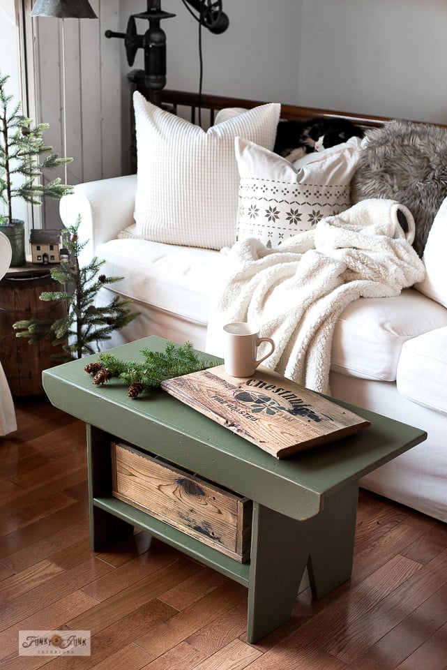 https://www.funkyjunkinteriors.net/wp-content/uploads/2021/12/Bayberry-green-bench-with-Chestnuts-crate-2021-Christmas-livingroom-decor-tour-008.jpg