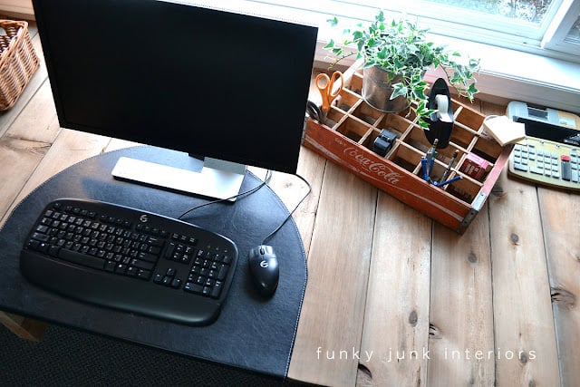 A vintage coke crate becomes an office organizer for this farmhouse desk build.