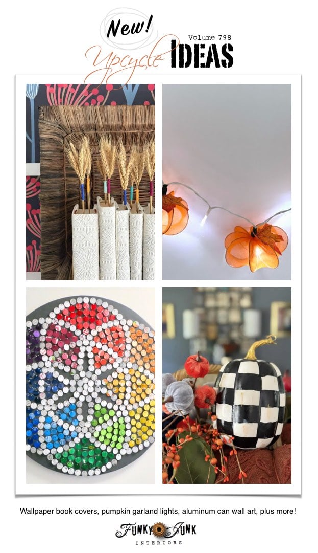 Create 20+ New Upcycle Ideas 798 - Wallpaper book covers, pumpkin garland lights, aluminum can wall art, painted checkerboard pumpkin, plus more unique repurposed projects to make with supplies you may already have!