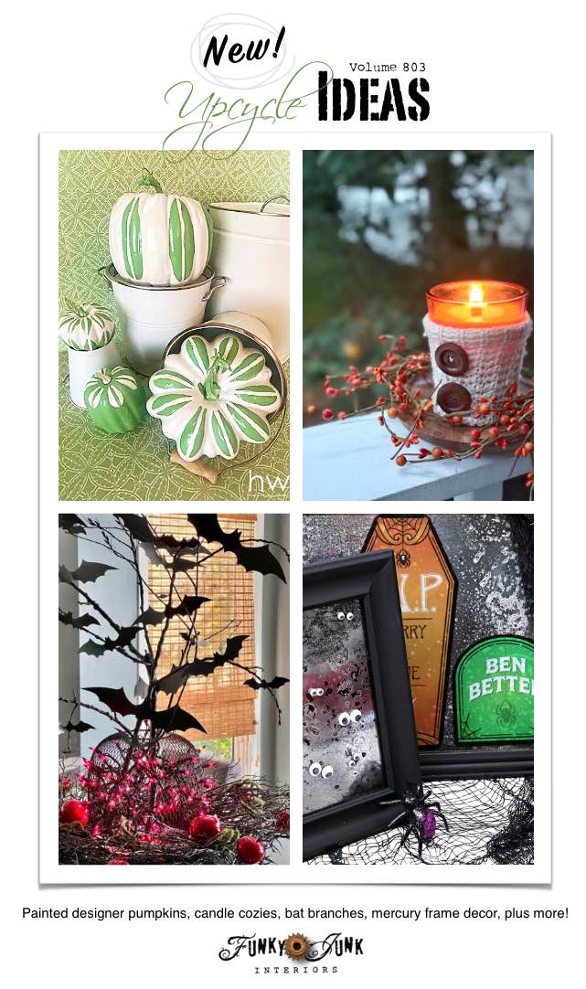 Create 20+ New Upcycle Ideas 803 - Mid century modern pumpkins, sweater candle cozies, Halloween bat branches, mercury picture frame Halloween decor, plus more unique repurposed projects to make with supplies you may already have!