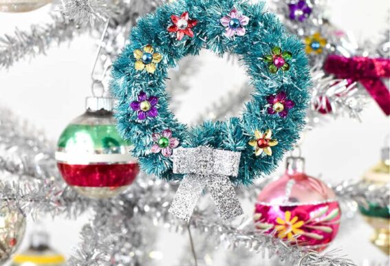 tinsel wreath ornaments with mason jar lids