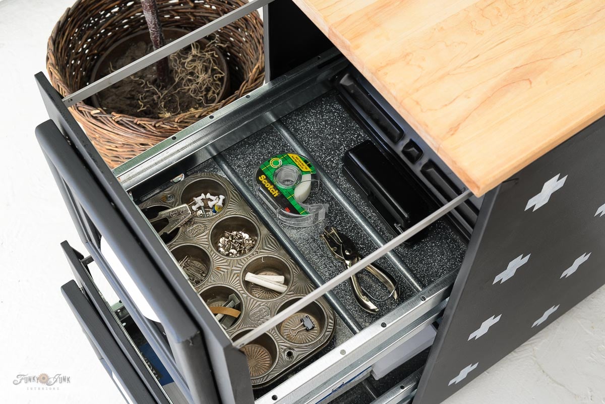 file cabinet makeover with paint, stencils and picture frames