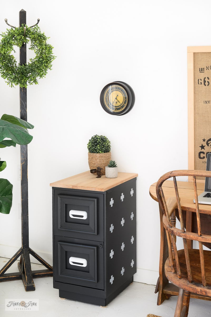 file cabinet makeover with paint, stencils and picture frames