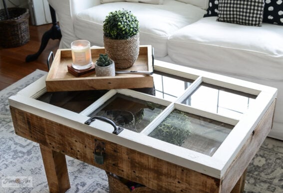 old window wood coffee table with storage showcase
