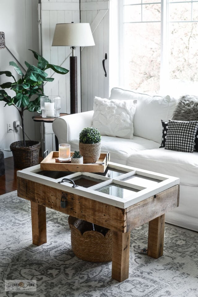 DIY window wood coffee table with storage showcase - Funky Junk ...