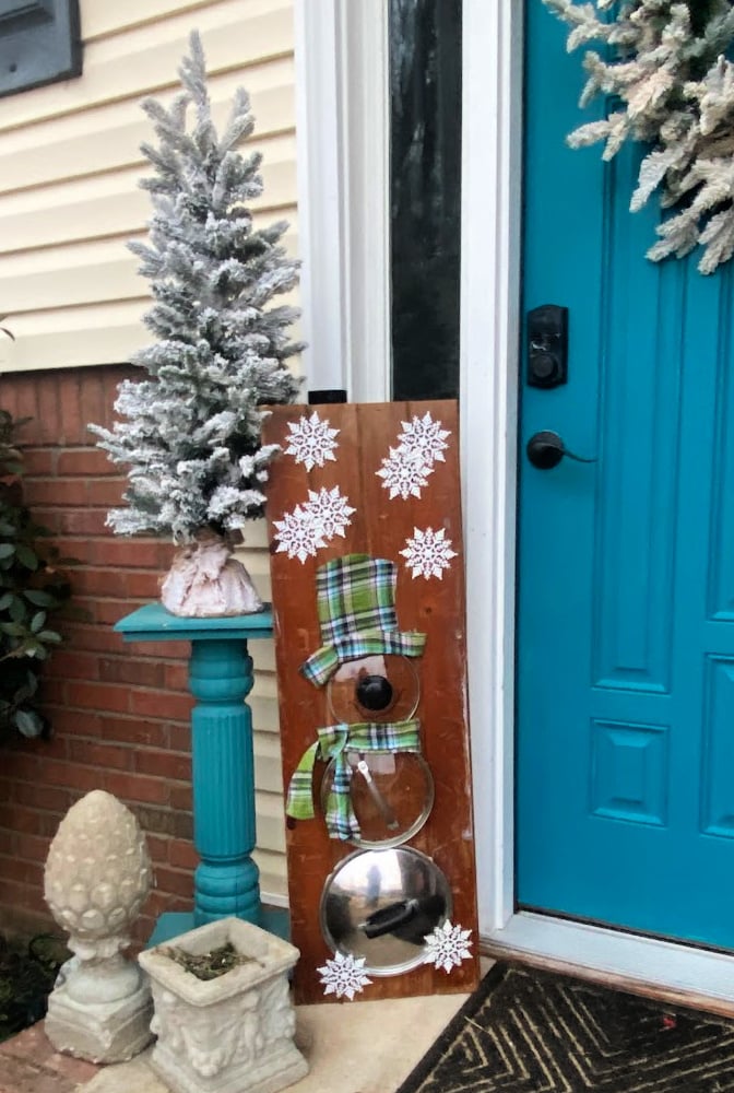 pot lid snowman decor by Shop At Blu - featured on New Upcycle Ideas 816