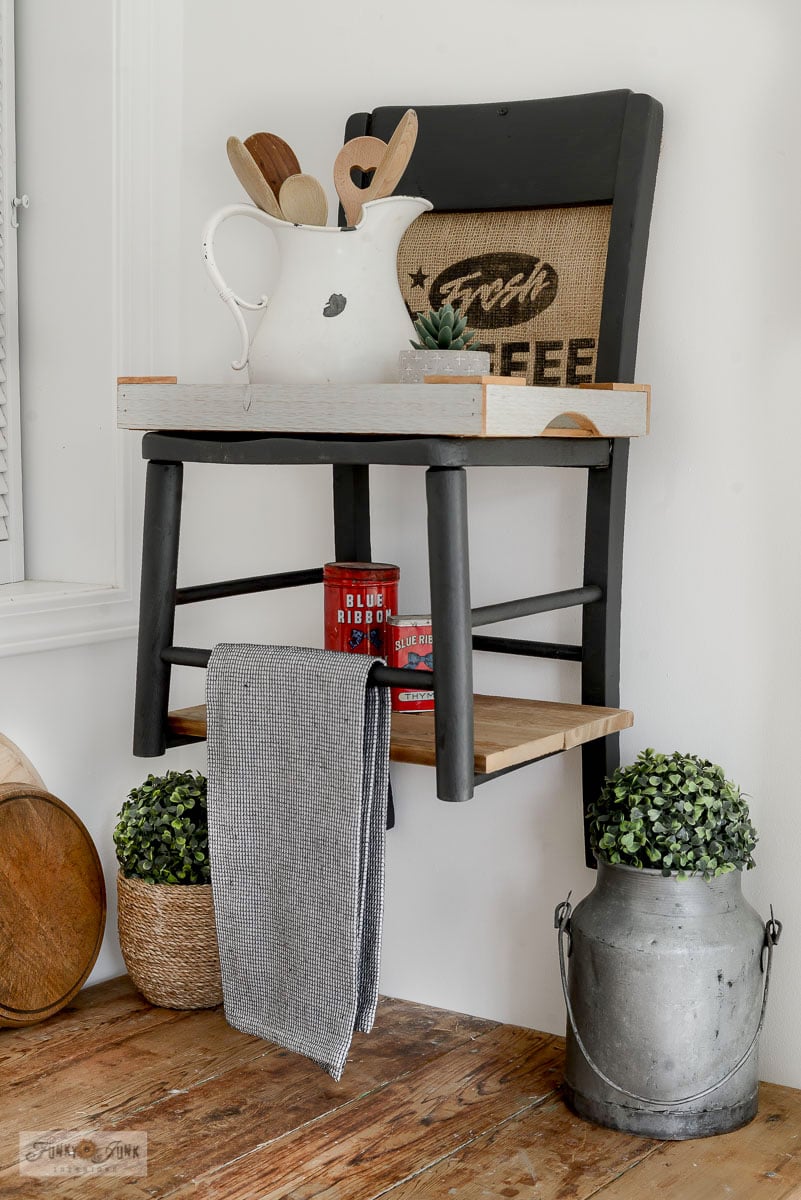 upcycled chair wall shelf to hang a kitchen tea towel