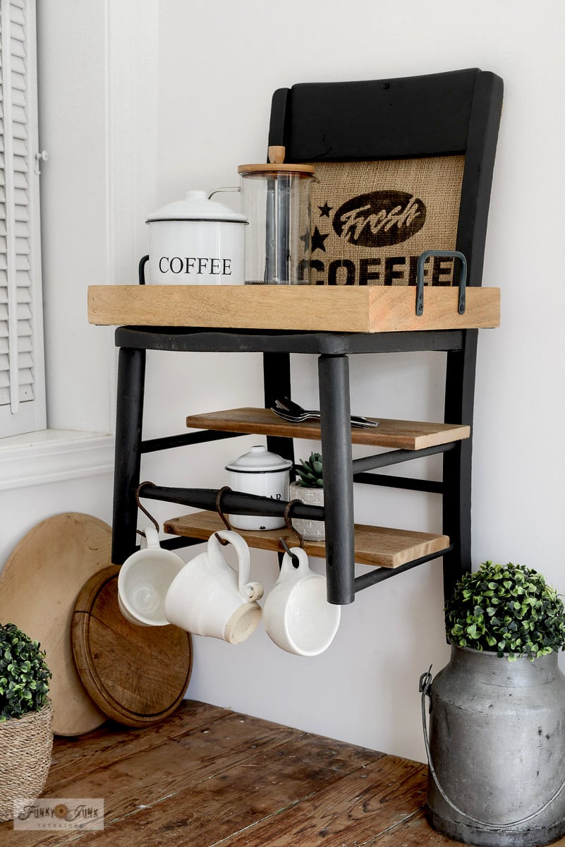Transform a child's chair into a charming upcycled chair wall shelf with this easy DIY project, complete with a rustic burlap coffee sign for a cozy, upcycled touch!