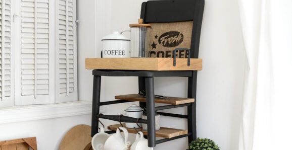 Upcycled chair shelf upcycled chair wall shelf for a coffee station